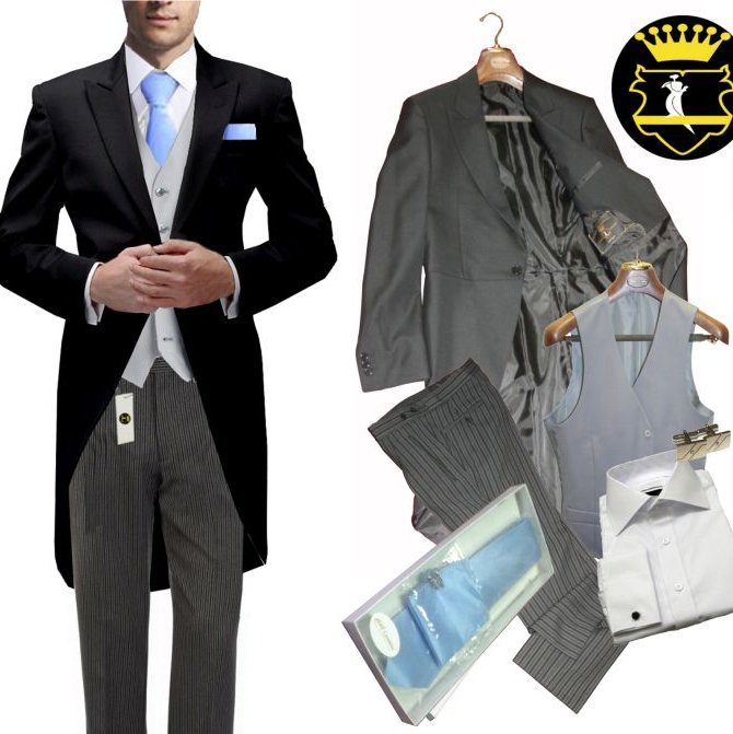 Cutaway Anzug als Stresemann Cut im Set mit Weste, Plastron und Hemd mit Umschlagmanschette