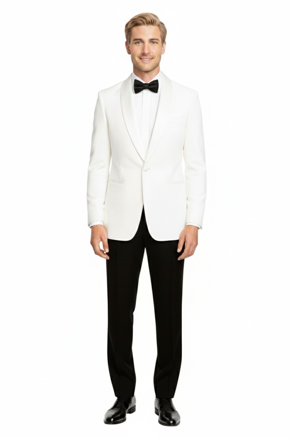 Dinner Jacket zum Smoking Anzug mit Schalkragen oder Reverskragen in weiß