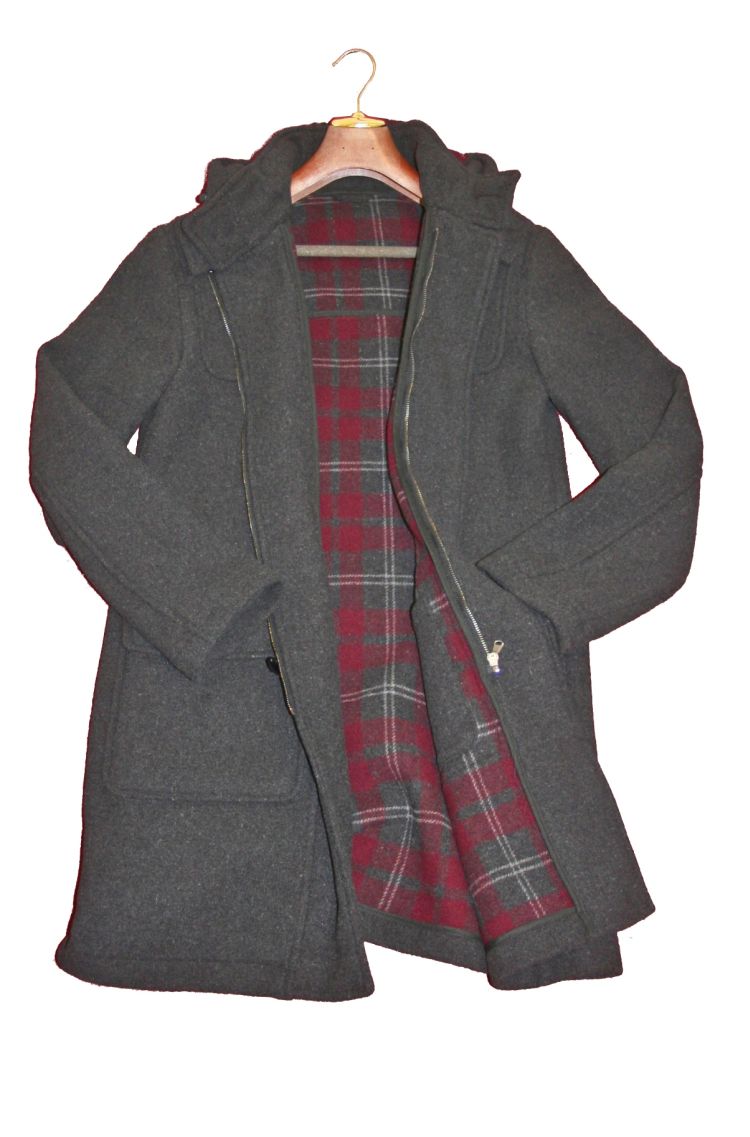 Duffle Coat für Herren mit Kapuze in dunkel grau und kariertem Innenfutter