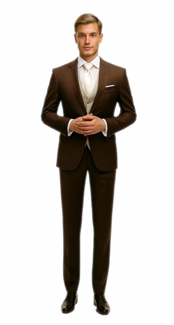 Hochzeitsanzug in mokka braun mit Hochzeitsweste paisley in elfenbein