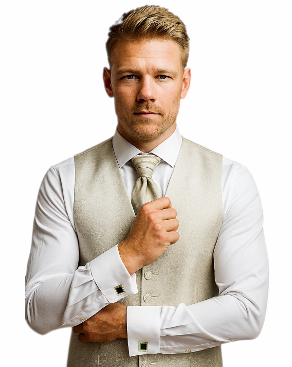 Bräutigam in Hochzeitsweste in champagner mit Plastron, Einstecktuch und Manschettenknöpfen