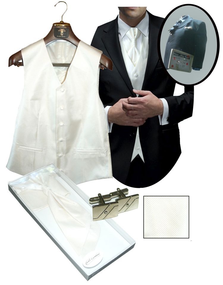 Hochzeitsweste in ivory bzw. elfenbein zum Hochzeitsanzug mit Plastron und Manschettenknöpfen