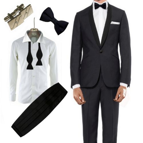 Smoking Anzug schwarz und blau in slim fit im Set mit Fliege, Hemd und Manschettenknöpfen