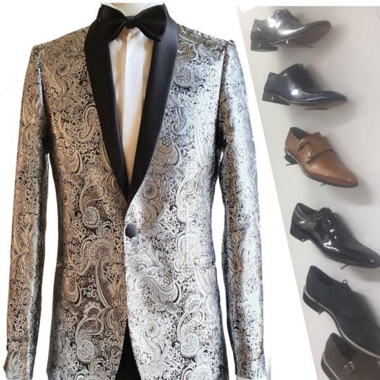 Dinner Jacket mit Paisley Muster in silber / schwarz und passenden Lackschuhen "Lukies"